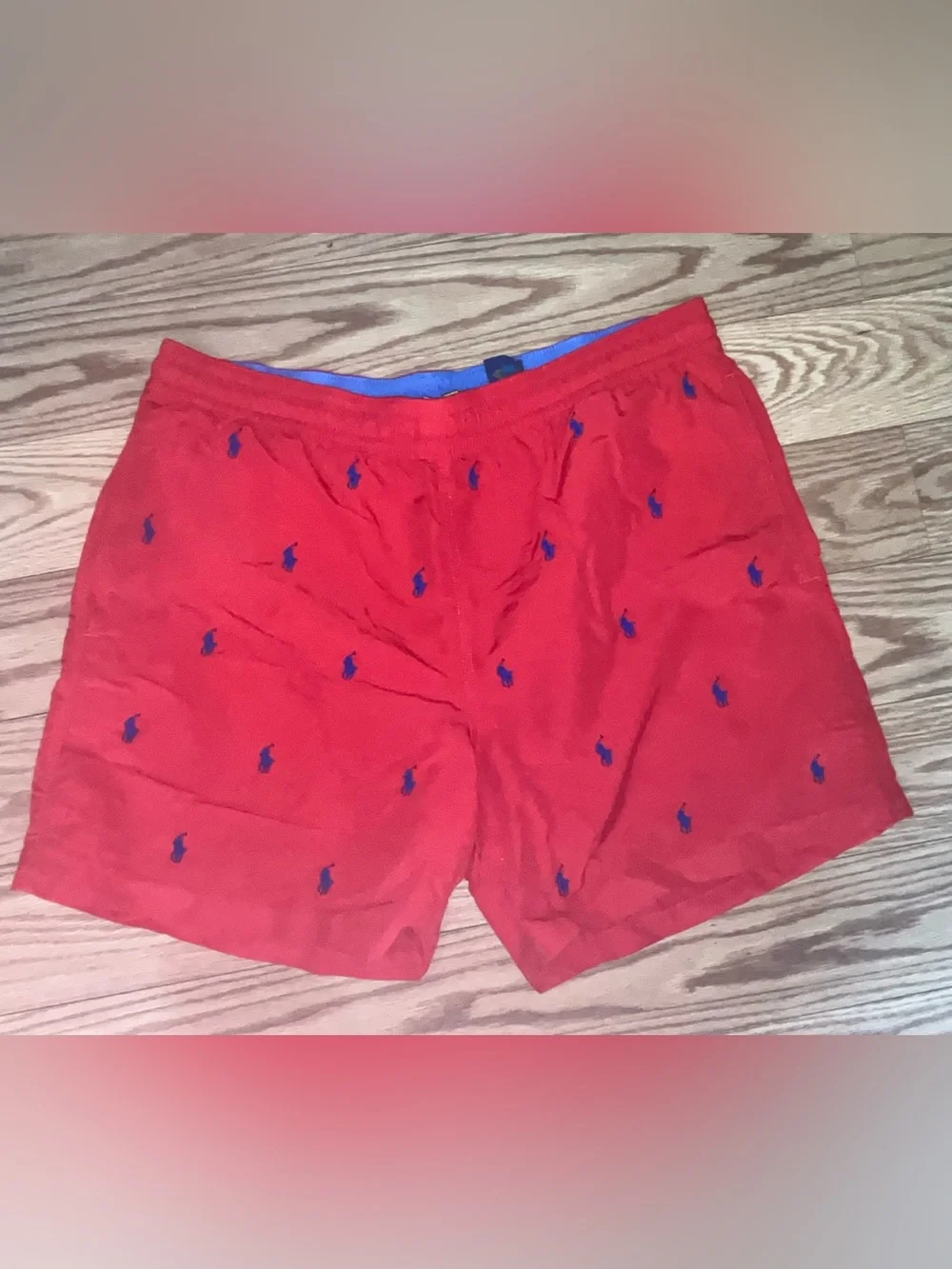 Polo Ralph Lauren Men's red All Over Pony Logo Swim Trunks Size L Drawstring